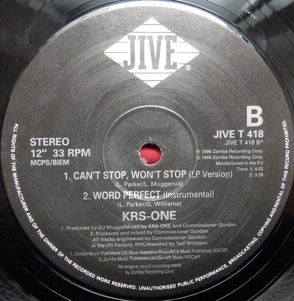 KRS-One : Can't Stop, Won't Stop / The MC / Word Perfect (12")