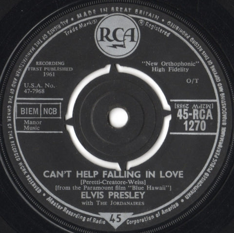 Elvis Presley With The Jordanaires : Can't Help Falling In Love (7", Single)