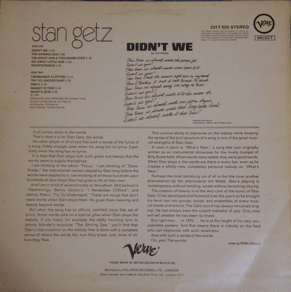 Stan Getz : Didn't We (LP, Album)