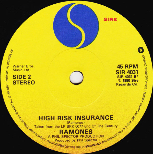 Ramones : Baby I Love You / High Risk Insurance (7", Single, Wes)