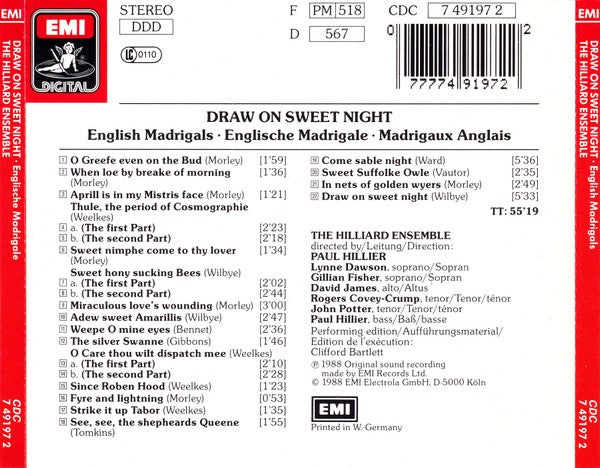 The Hilliard Ensemble : "Draw On Sweet Night" English Madrigals (CD, Album, RE)