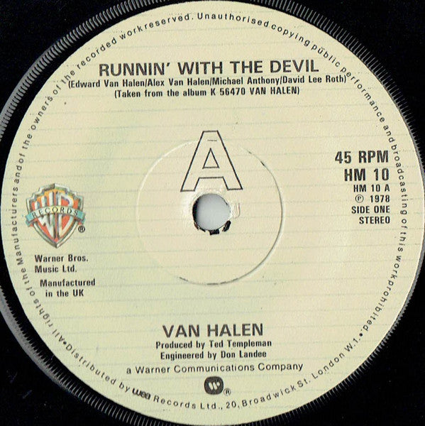 Van Halen : Runnin' With The Devil (7", Single, Dam)