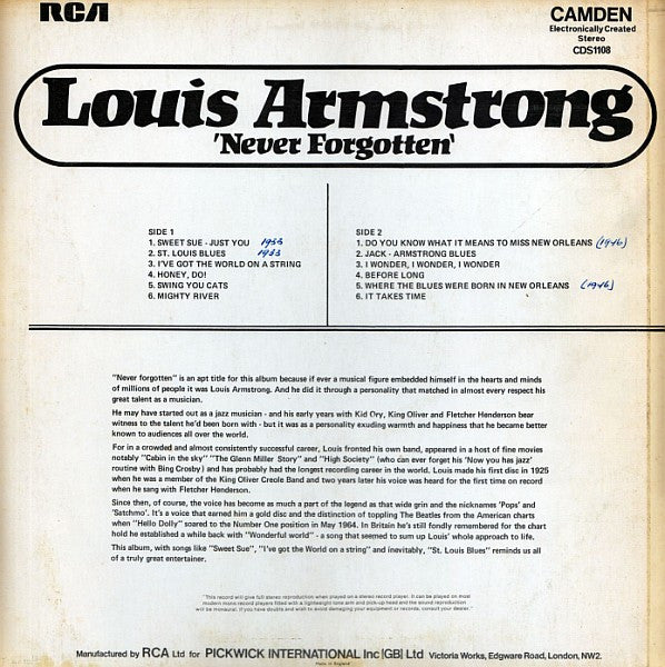 Louis Armstrong : Never Forgotten (LP, Comp)