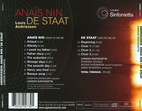 Louis Andriessen, London Sinfonietta, Cristina Zavalloni, David Atherton (2), Synergy Vocals : Anaïs Nin / De Staat (CD, Album)