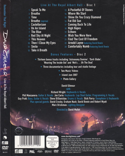 David Gilmour : Remember That Night (Live At The Royal Albert Hall) (2xDVD-V, S/Edition, PAL, Sli)