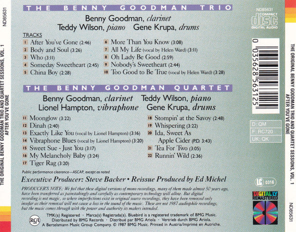 Benny Goodman : The Original Benny Goodman Trio & Quartet Sessions, Vol. 1 (After You've Gone) (CD, Comp, RM)