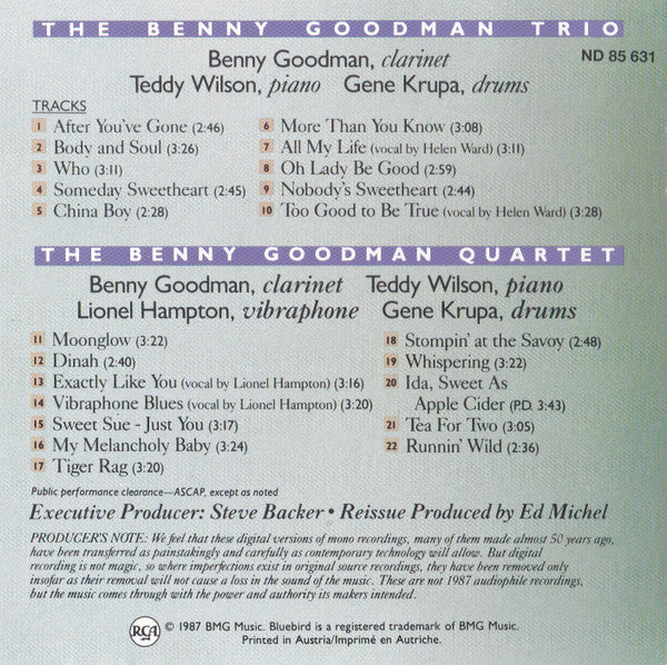 Benny Goodman : The Original Benny Goodman Trio & Quartet Sessions, Vol. 1 (After You've Gone) (CD, Comp, RM)