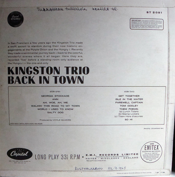 The Kingston Trio* : Back In Town (LP, Album)