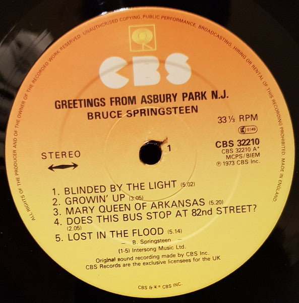 Bruce Springsteen : Greetings From Asbury Park, N.J. (LP, Album, RE)