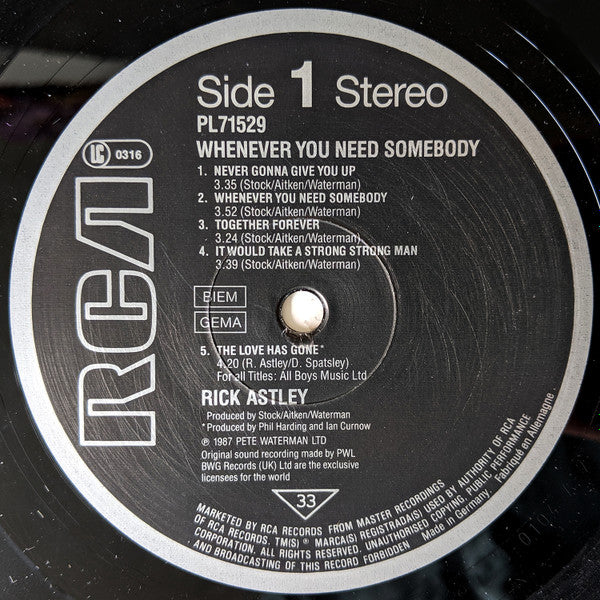 Rick Astley : Whenever You Need Somebody (LP, Album, Pos)