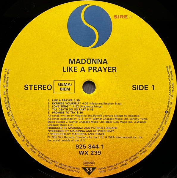 Madonna : Like A Prayer (LP, Album, RSA)