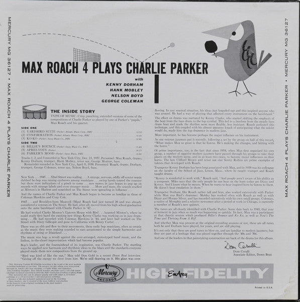 The Max Roach 4* : The Max Roach 4 Plays Charlie Parker (LP, Album, Mono)