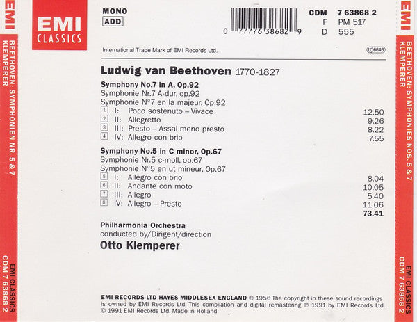 Beethoven* - Philharmonia Orchestra, Otto Klemperer : Symphonien 5 & 7 / 1955 Mono Recordings (CD, Comp, Mono, RM)