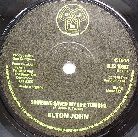 Elton John : Don't Let The Sun Go Down On Me / Someone Saved My Life Tonight (7", Ltd)