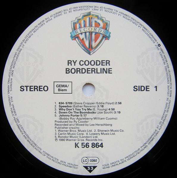 Ry Cooder : Borderline (LP, Album, RE)