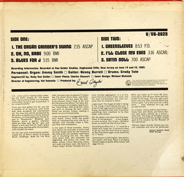 The Incredible Jimmy Smith* Featuring Kenny Burrell And Grady Tate : Organ Grinder Swing (LP, Album, MGM)