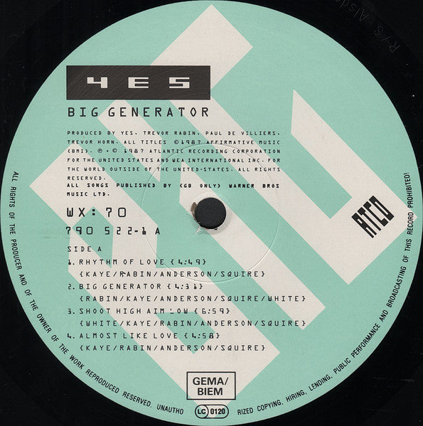 Yes : Big Generator (LP, Album, RSA)