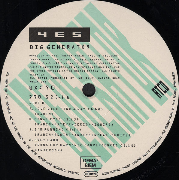 Yes : Big Generator (LP, Album, RSA)