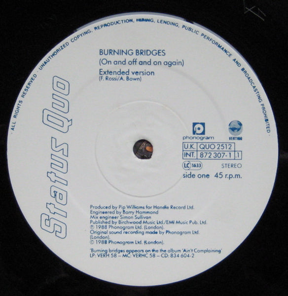 Status Quo : Burning Bridges (On And Off And On Again) (12", Single)