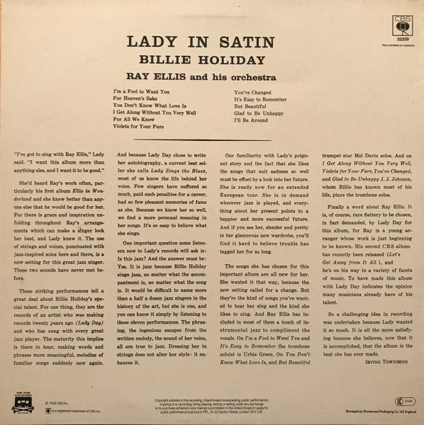 Billie Holiday With Ray Ellis And His Orchestra : Lady In Satin (LP, RE)