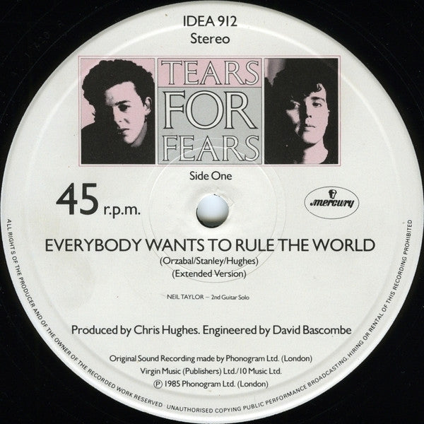 Tears For Fears : Everybody Wants To Rule The World (Extended Version) (12", Single)