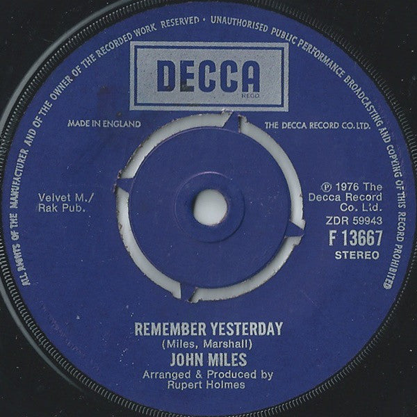 John Miles : Remember Yesterday (7", Single)