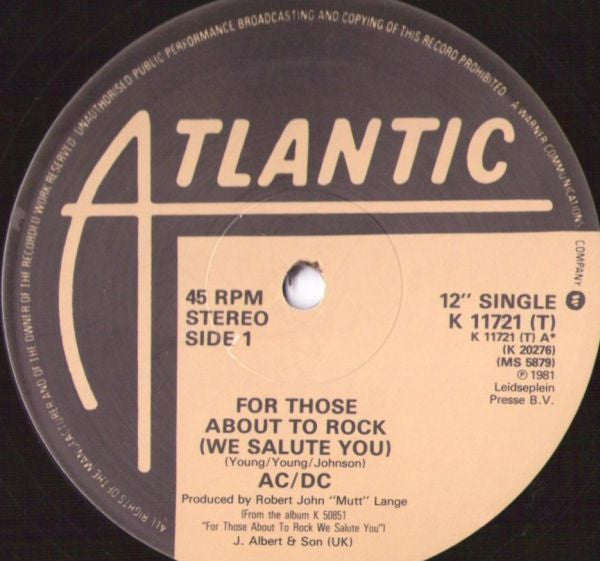 AC/DC : For Those About To Rock (We Salute You) (12", Single)