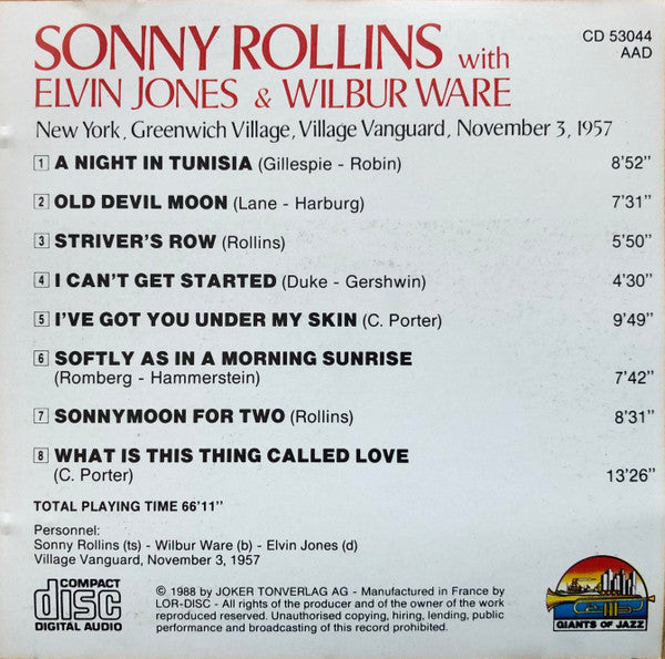 Sonny Rollins With Elvin Jones & Wilbur Ware : New York, Greenwich Village, Village Vanguard, November 3, 1957 (CD, Album)