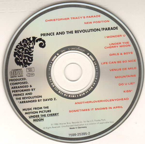 Prince And The Revolution : Parade (Music From The Motion Picture Under The Cherry Moon) (CD, Album, M/Print, RE)