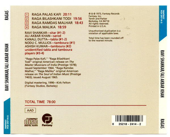 Ravi Shankar / Ali Akbar Khan : Ragas (CD, Comp, RE, RM)