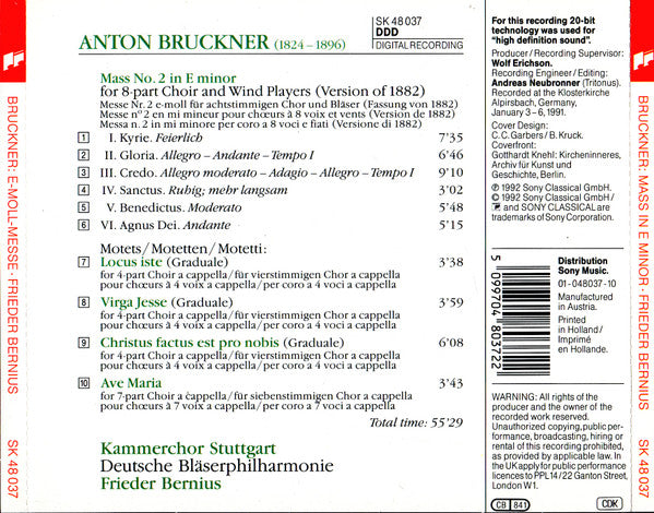 Bruckner*, Kammerchor Stuttgart, Deutsche Bläserphilharmonie (2), Frieder Bernius : Mass In E Minor · Ave Maria · Christus Factus Est · Locus Iste · Virga Jesse (CD, Comp, RP)