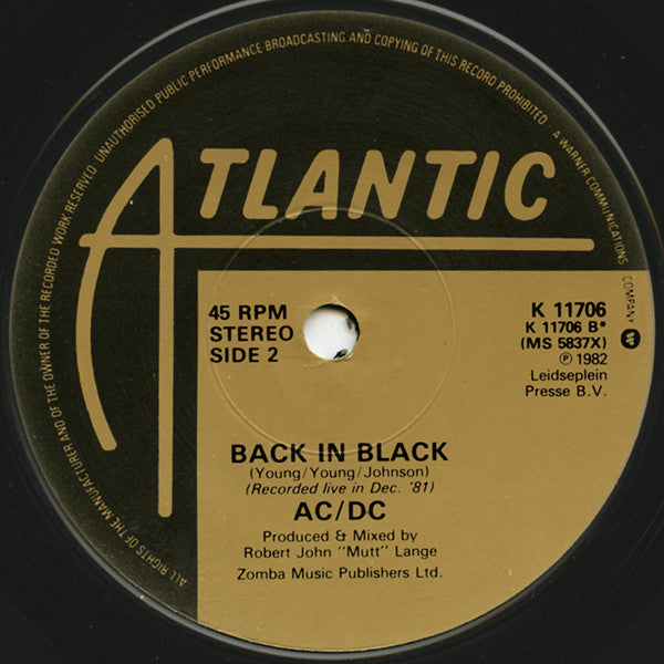 AC/DC : Let's Get It Up / Back In Black (Recorded Live Dec 1981) (7", Single)