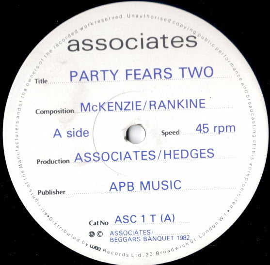 Associates* : Party Fears Two (12")