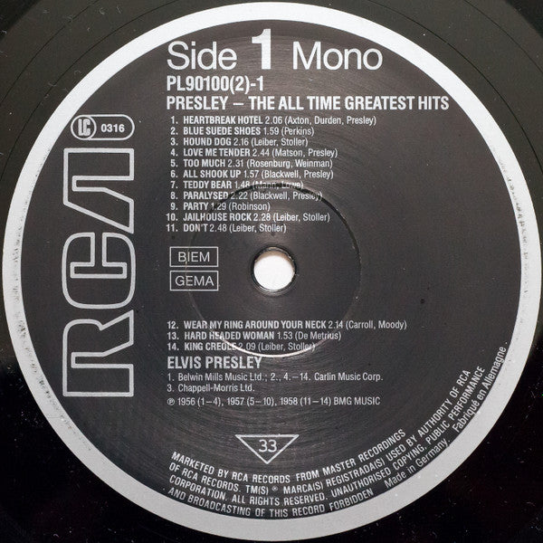 Elvis Presley : The All Time Greatest Hits (2xLP, Comp, Mono)