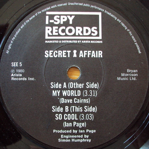 Secret Affair : My World (7", Single, Pap)