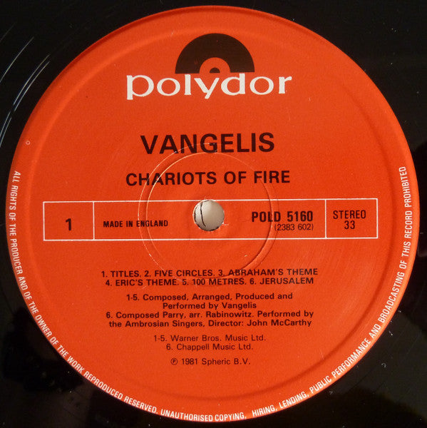 Vangelis : Chariots Of Fire (LP, Album, RE)