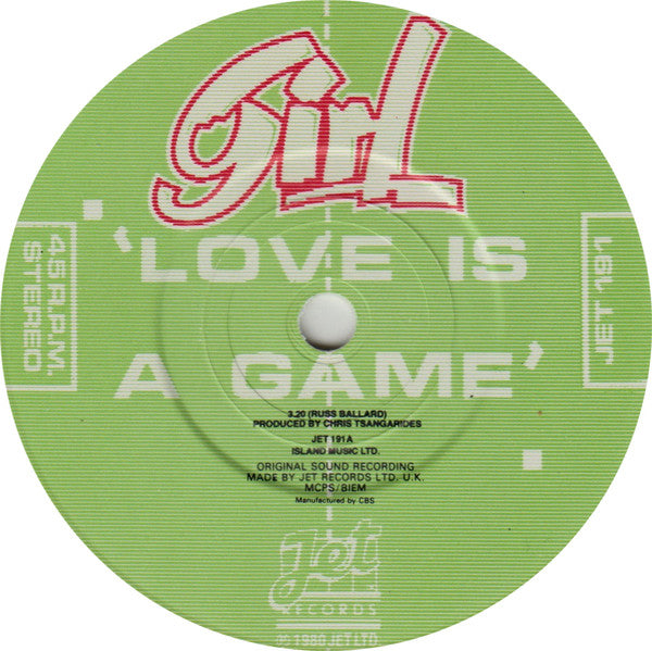 Girl (2) : Love Is A Game (7", Single, Whi)