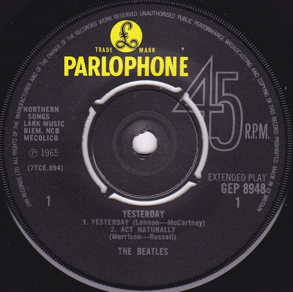 The Beatles : Yesterday (7", EP, Mono, RE)