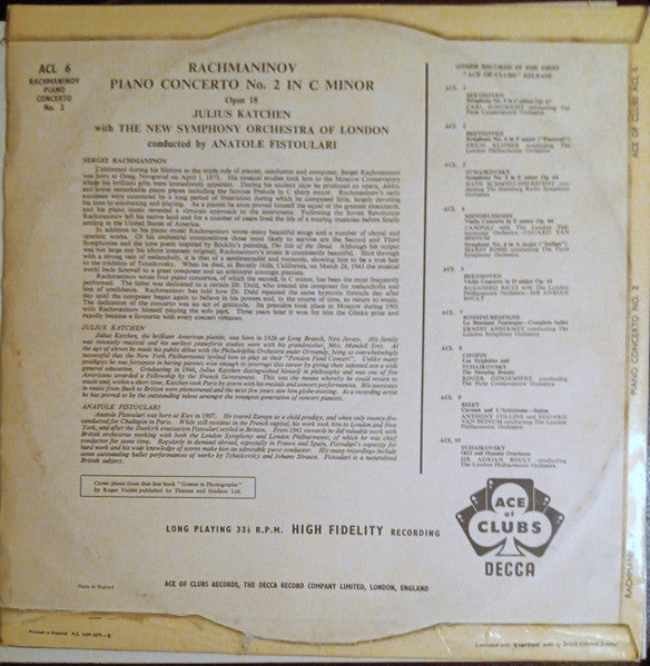Rachmaninov* - Julius Katchen, New Symphony Orchestra Of London*, Anatole Fistoulari : Second Piano Concerto (LP, Mono)