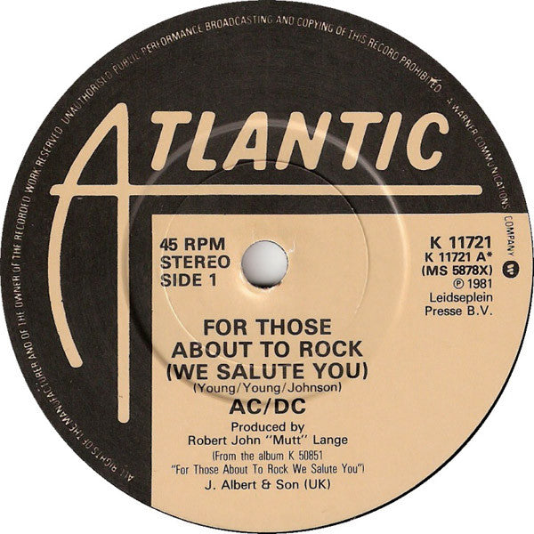 AC/DC : For Those About To Rock (We Salute You) (7", Single)