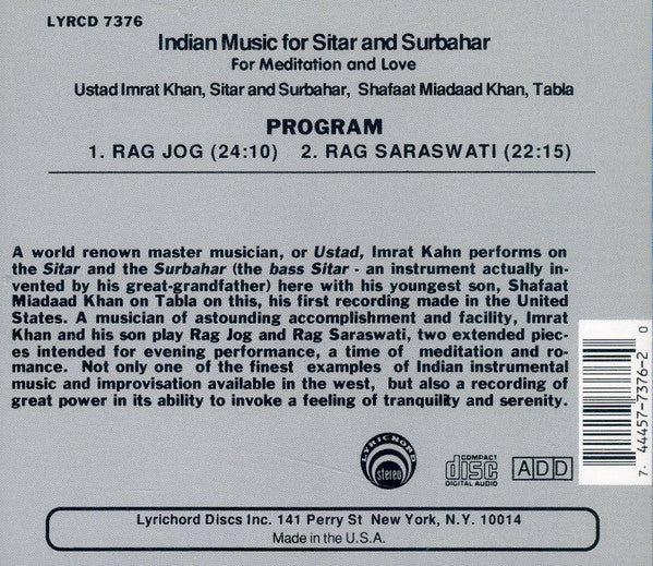 Ustad Imrat Khan*, Shafaat Miadaad Khan* : Sitar And Surbahar (Indian Music For Meditation And Love) (CD, Album, RE)