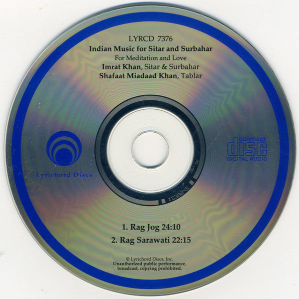 Ustad Imrat Khan*, Shafaat Miadaad Khan* : Sitar And Surbahar (Indian Music For Meditation And Love) (CD, Album, RE)