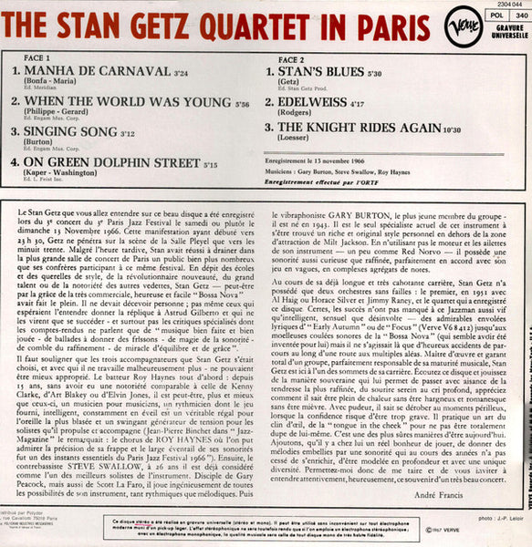 Stan Getz Quartet : Stan Getz Quartet In Paris (LP, Album, RE)