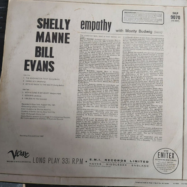 Shelly Manne / Bill Evans With Monty Budwig : Empathy (LP, Album)