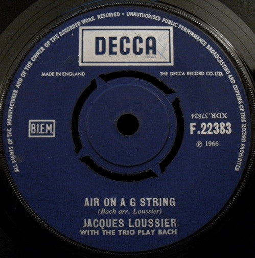 Jacques Loussier With The Trio Play Bach* : Air On A G String (7", RP)