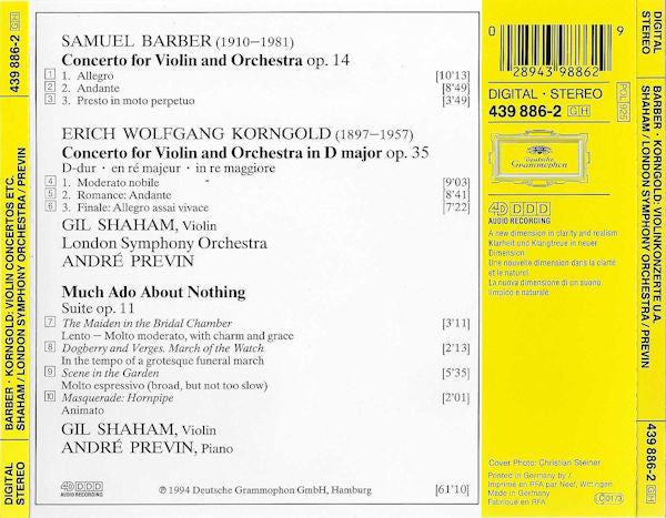 Barber* / Korngold*, Gil Shaham, London Symphony Orchestra, André Previn : Violin Concertos = Violinkonzerte / Much Ado About Nothing – Suite (CD, Album)