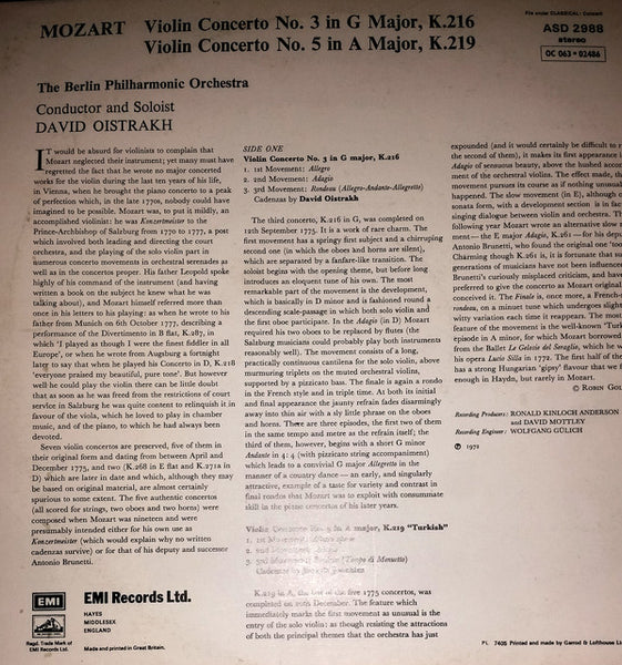 Mozart* - David Oistrakh*, Berlin Philharmonic* : Violin Concertos No. 3 & 5 (LP, Album, Comp)