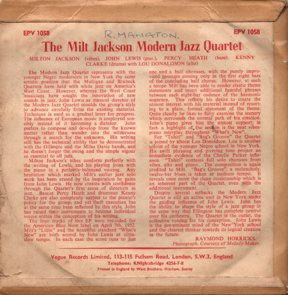Milt Jackson Modern Jazz Quartet* : Milt Jackson Modern Jazz Quartet (7", EP)