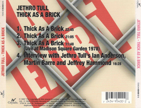 Jethro Tull : Thick As A Brick (CD, Album, RE, RM)
