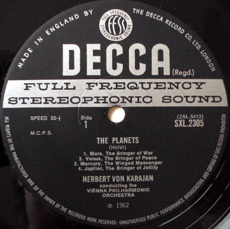 Holst* - Herbert von Karajan, Vienna Philharmonic* : The Planets (LP, RP, ED3)